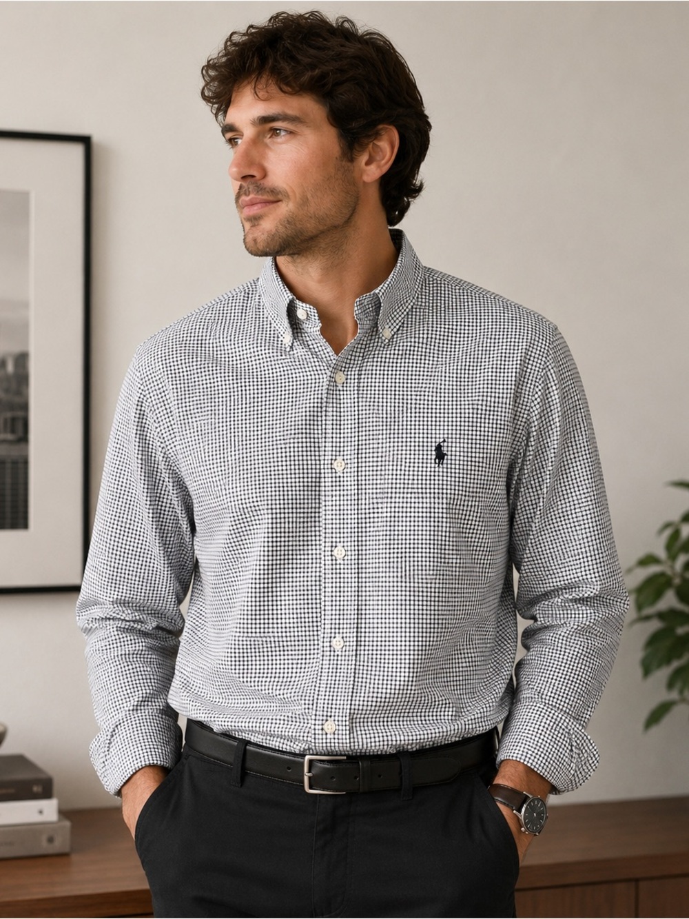 Ralph Lauren Classic Fit Button Down Shirt Men’s Medium White Black Check